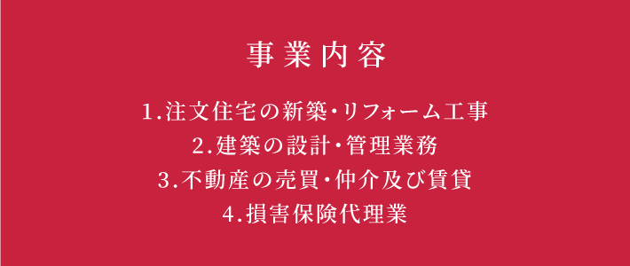 事業内容 1.注文住宅の新築・リフォーム工事2.建築の設計・管理業務3.不動産の売買・仲介及び賃貸4.損害保険代理業