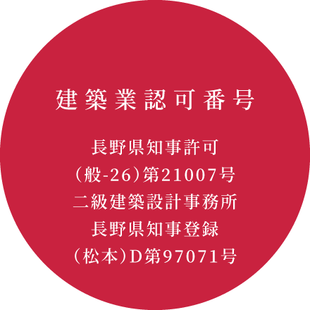 建築業認可番号 長野県知事許可(般-26)第21007号二級建築設計事務所長野県知事登録(松本)D第97071号