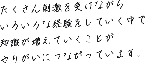 たくさん刺激を受けながらいろいろな経験をしていく中で知識が増えていくことがやりがいにつながっています。